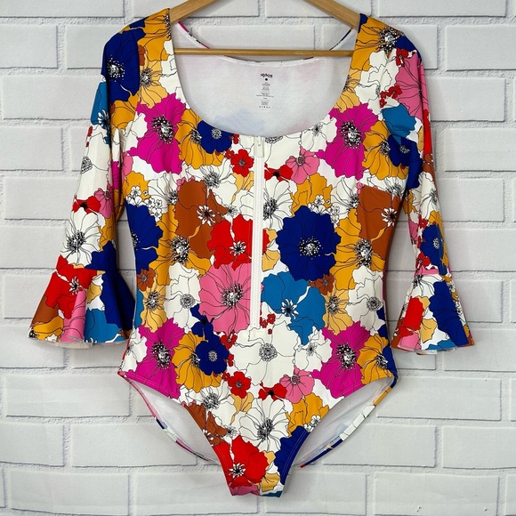 stylest Other - Stylest Retro Floral Sculpting Ruffle Sleeve Zip One Piece Swimsuit Size Large